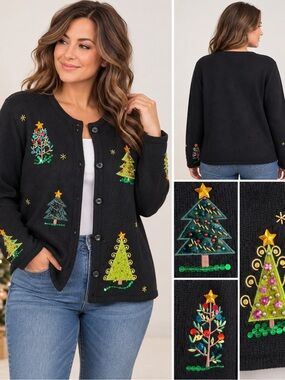 Crystal-Kobe Christmas Tree Embellished Cardigan Sweater L Black Green Holiday